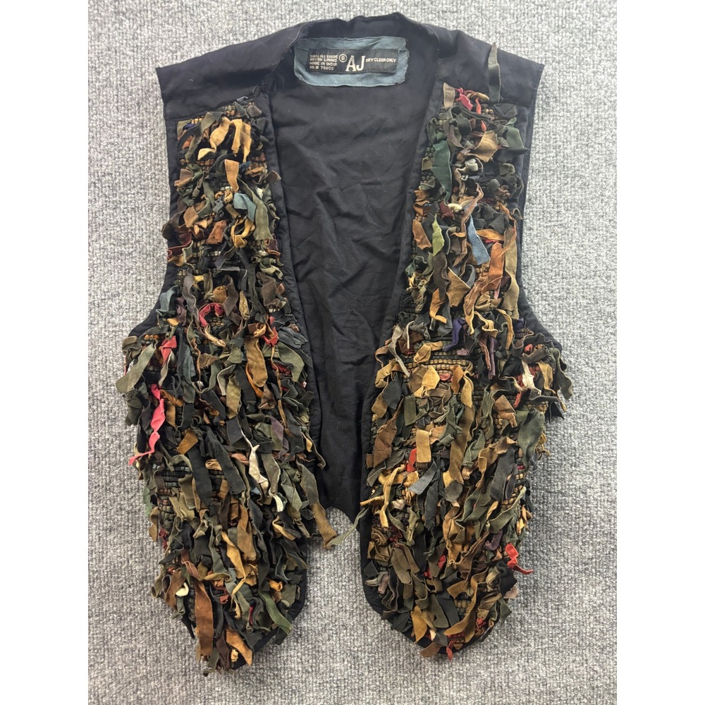 AJ Suede Fringe Vest Womens Small Black Multi Color Shaggy Boho Wearable Art